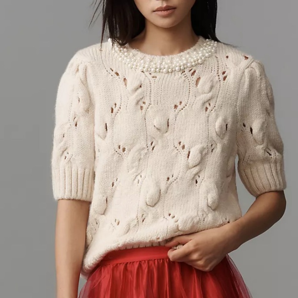 Maeve Pearl Necklace Cable Sweater Tee - Picture 1 of 2
